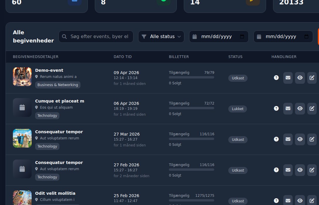 Bilbaro flow screenshot: Alle begivenheder Overblik