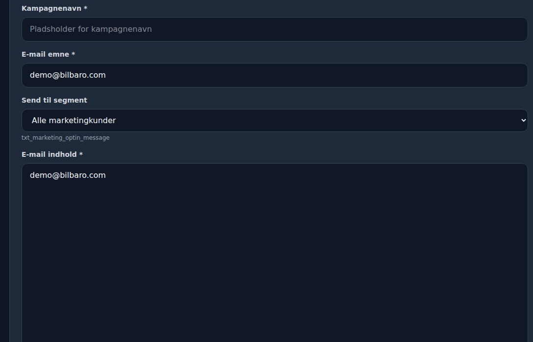 Bilbaro flow screenshot: Opret e-mailkampagne Midt