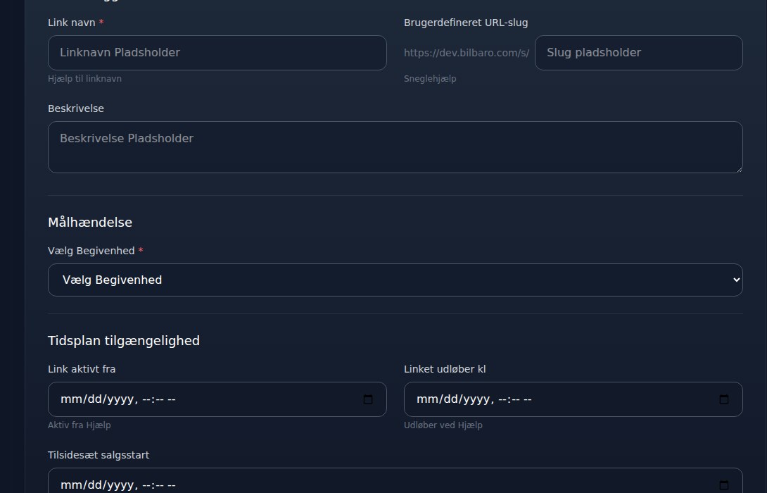 Bilbaro flow screenshot: Opret smart link Overblik