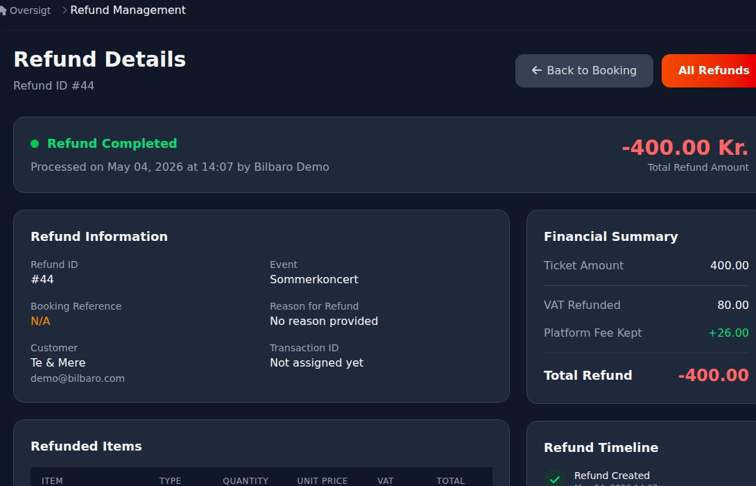 Bilbaro flow screenshot: Refundering detaljer Top