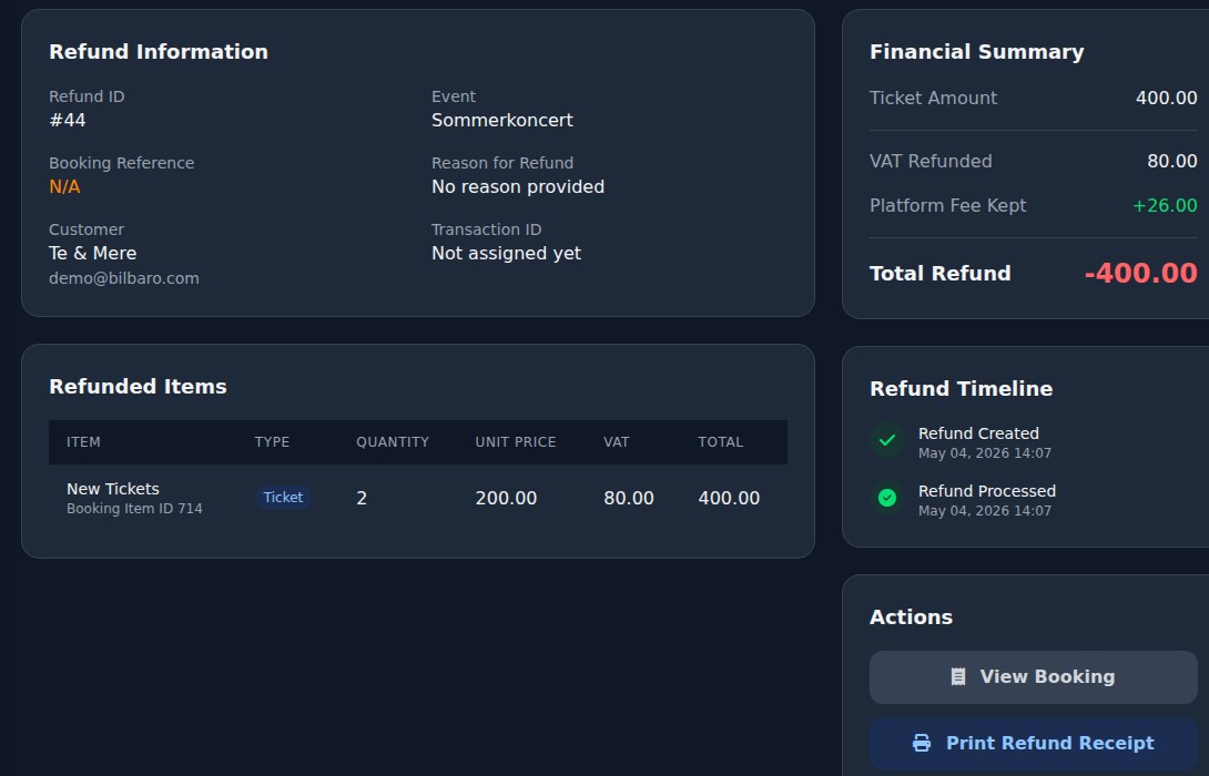 Bilbaro flow screenshot: Refundering detaljer Midt