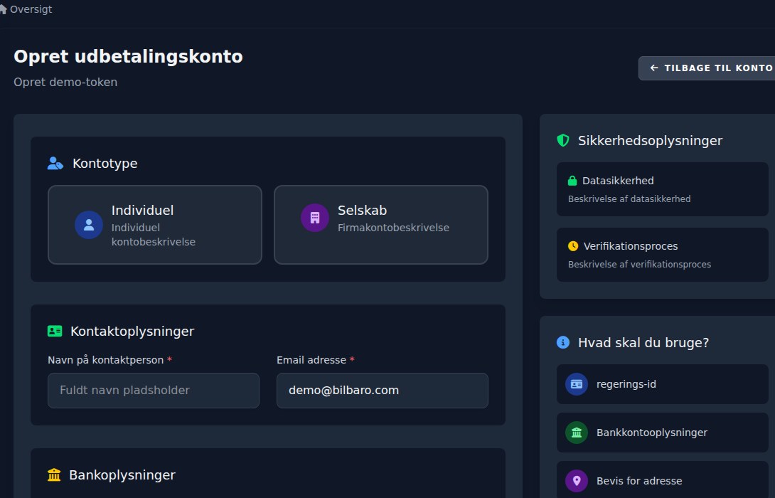 Bilbaro flow screenshot: Opret udbetalingskonto Top
