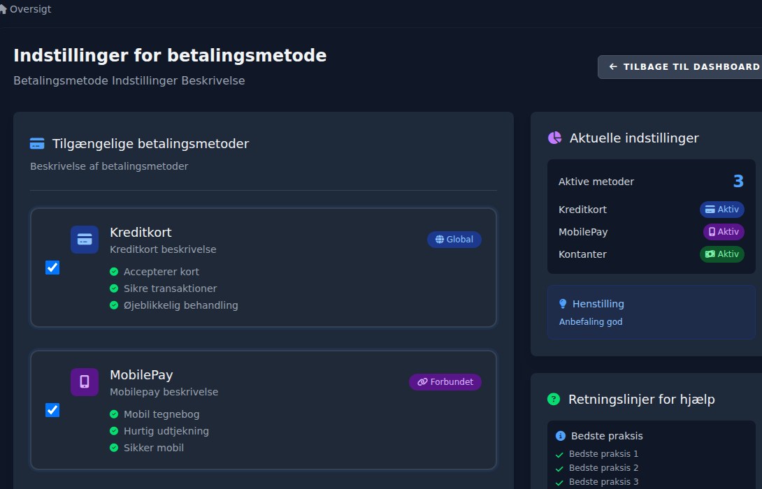 Bilbaro flow screenshot: Betalingsindstillinger Top