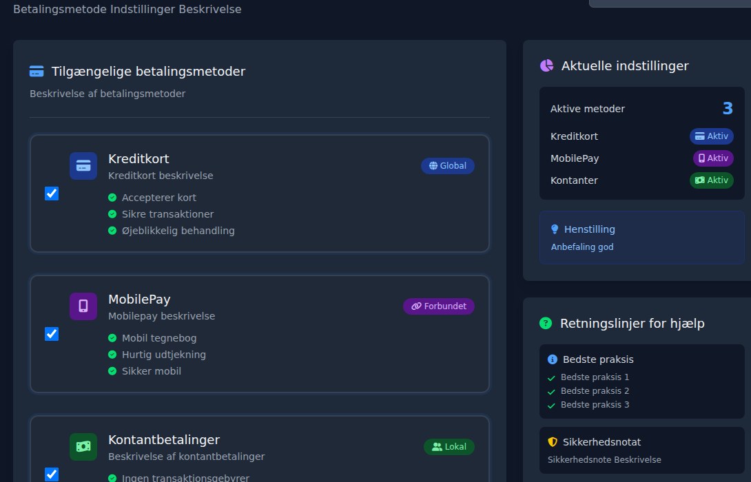 Bilbaro flow screenshot: Betalingsindstillinger Midt