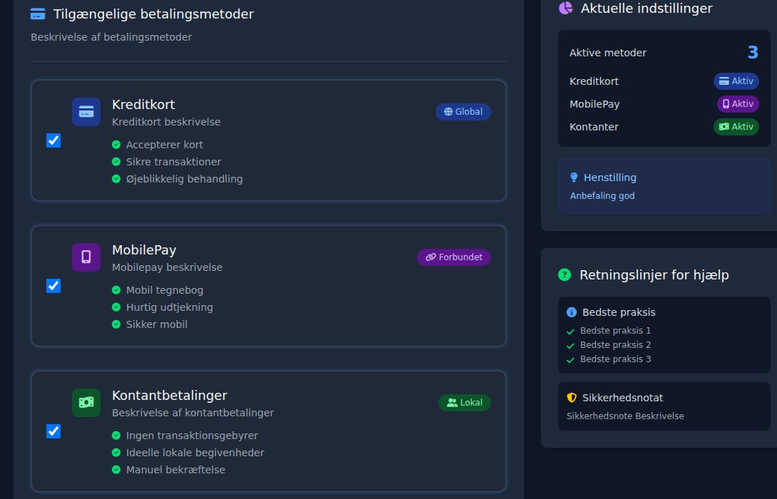 Bilbaro flow screenshot: Betalingsindstillinger Bund