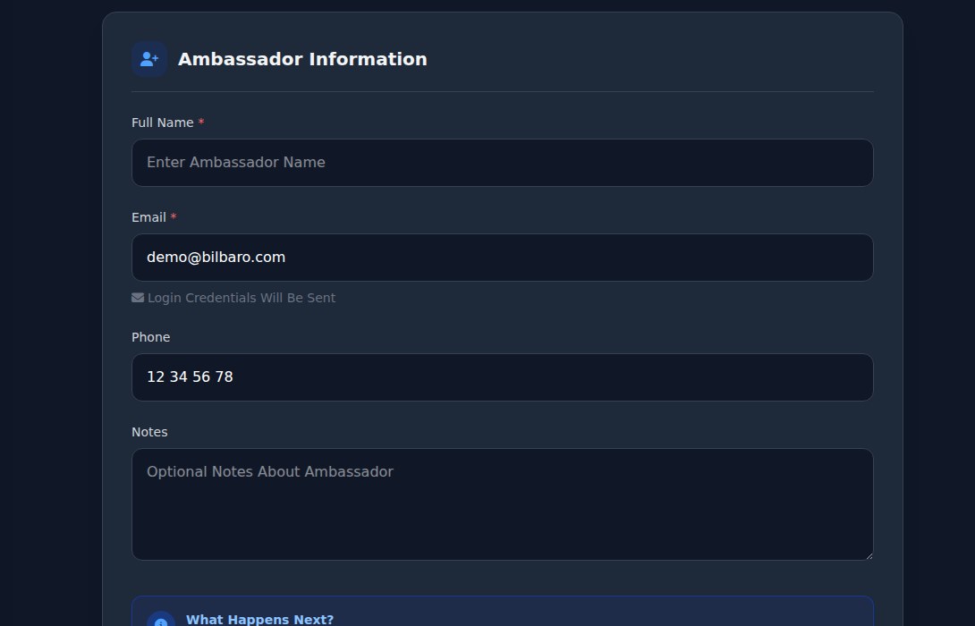 Bilbaro flow screenshot: Opret ambassadør Midt