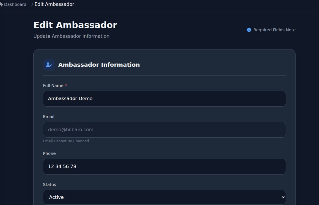 Bilbaro flow screenshot: Rediger ambassadør Top