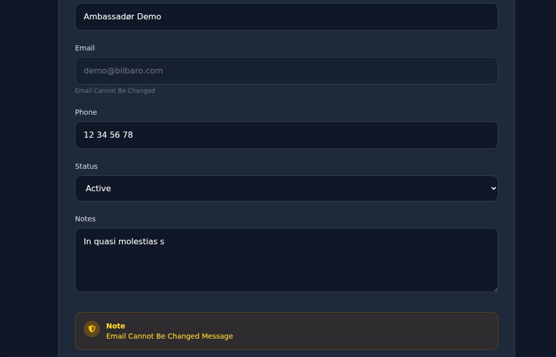 Bilbaro flow screenshot: Rediger ambassadør Bund