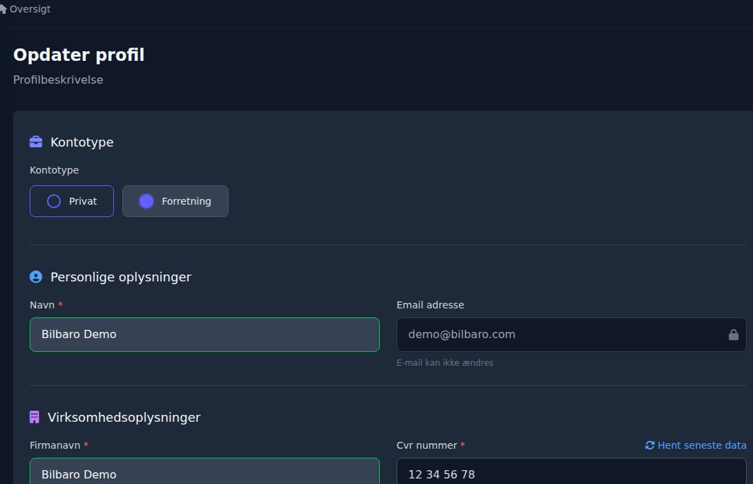 Bilbaro dashboard: Min profil