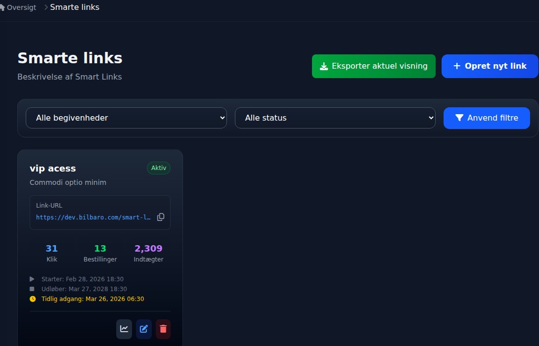 Bilbaro dashboard: Smarte links