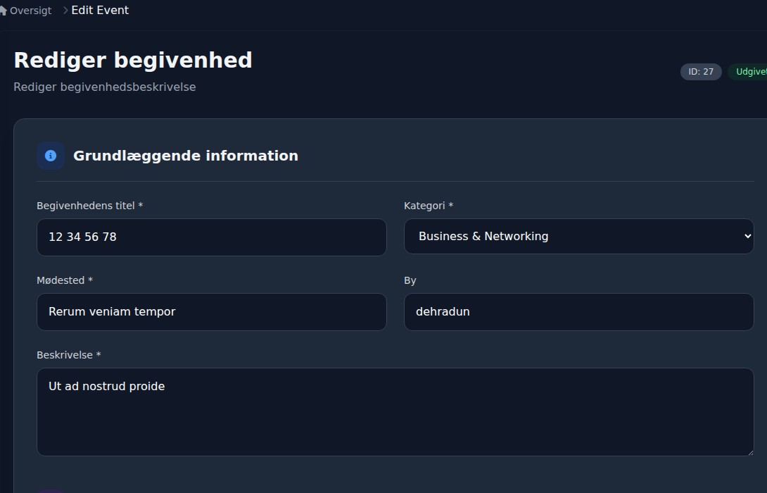 Bilbaro dashboard: Rediger event
