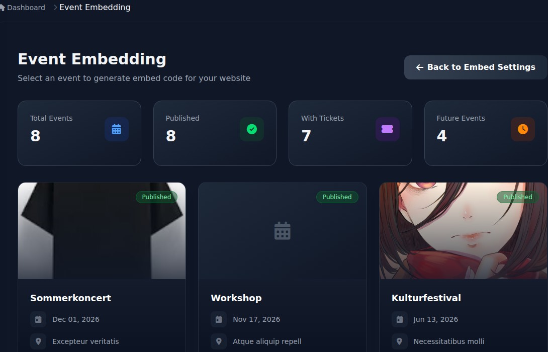 Bilbaro dashboard: Embed eventliste