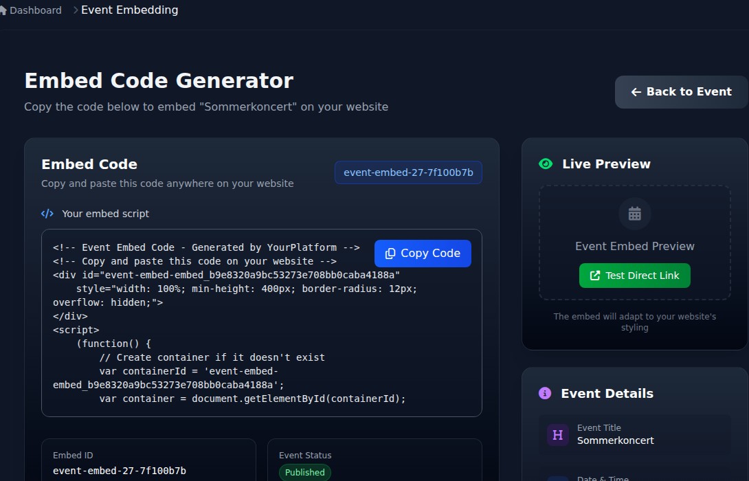 Bilbaro dashboard: Event embedkode