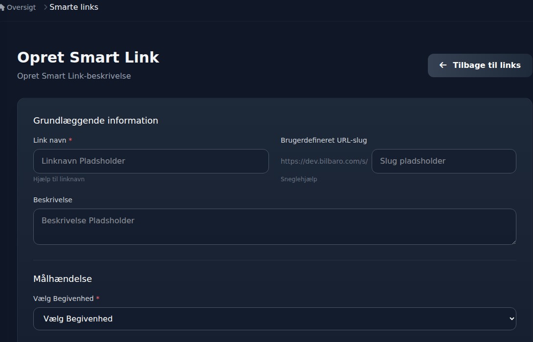 Bilbaro dashboard: Opret smart link