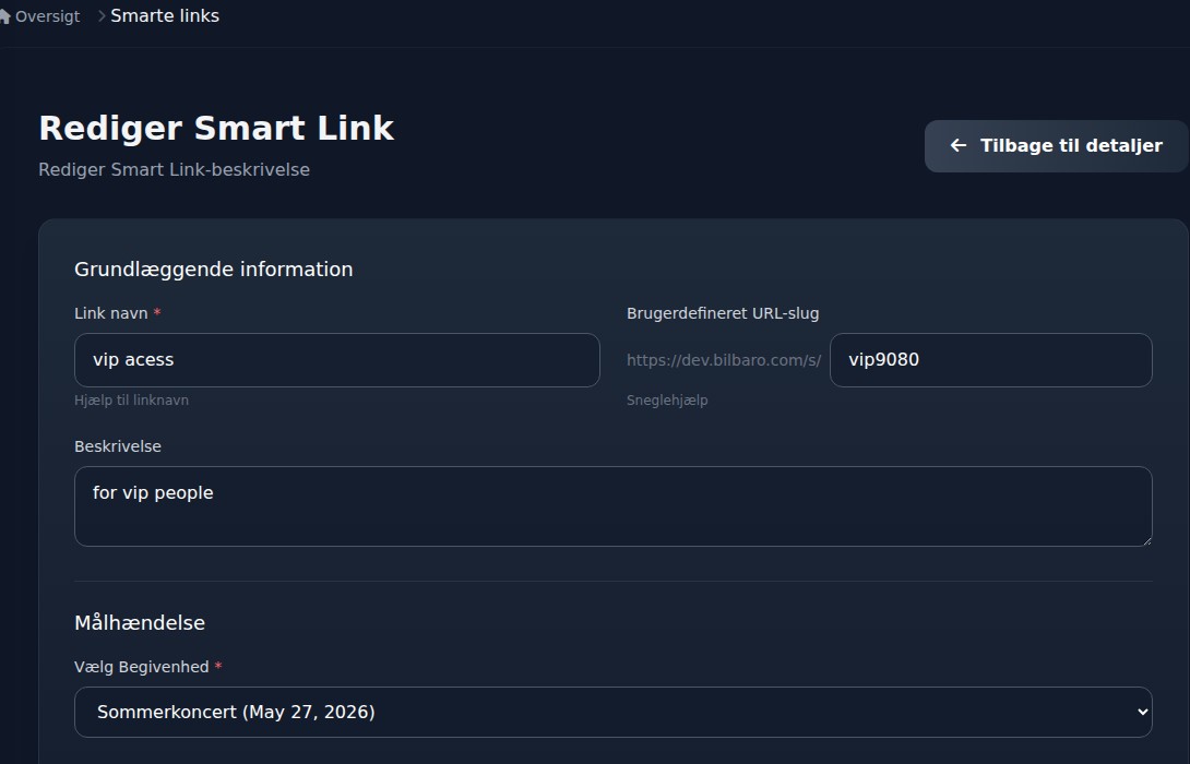 Bilbaro dashboard: Rediger smart link